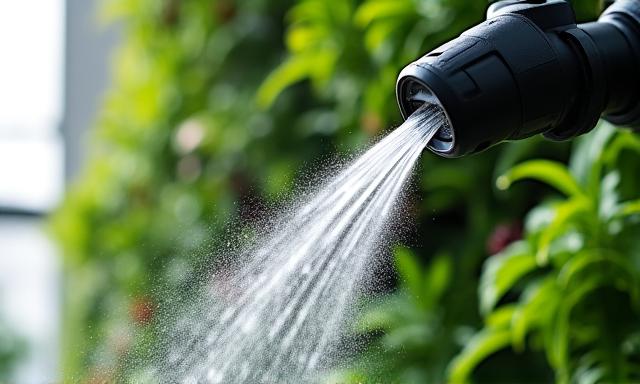 Automated smart irrigation system watering a lush tropical vertical garden